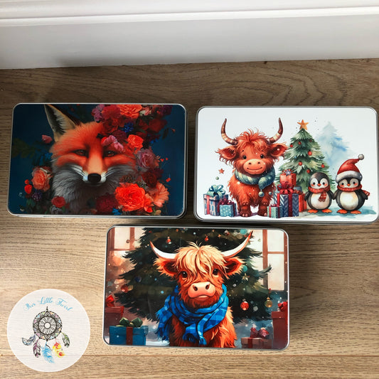 Colourful Highland cow and fox Metal tin