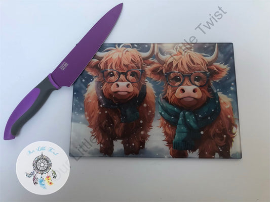 Winter Highland cow glass chopping board