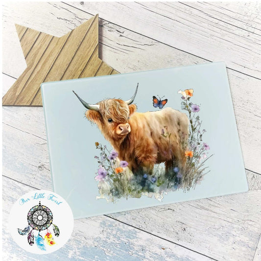 Highland cow glass chopping board